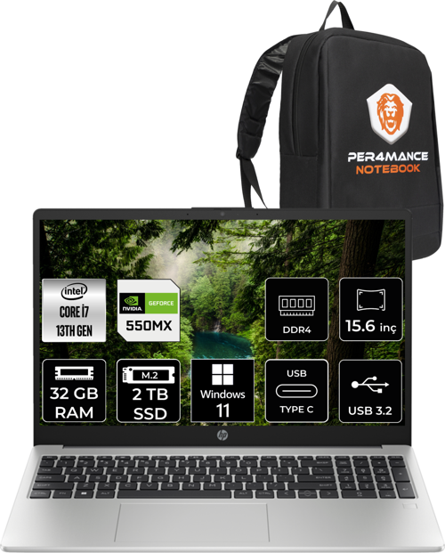 250 G10 Intel Core İ7 1355U 32Gb Ram 2Tb Ssd Mx550 15.6'' Fhd W11Pro 8A543Ea & Per4 Çanta