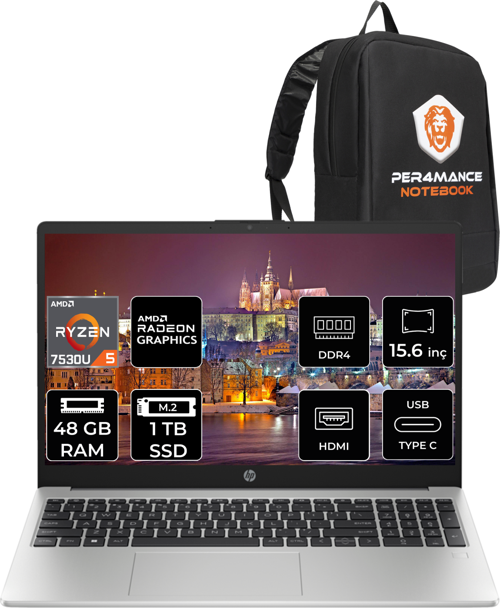 255 G10 Ryzen 5 7530U 48Gb Ram 1Tb Ssd 15.6'' Fhd Fdos 8A547Ea & Per4 Çanta