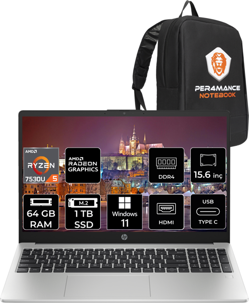 255 G10 Ryzen 5 7530U 64Gb Ram 1Tb Ssd 15.6'' Fhd W11Pro 8A547Ea & Per4 Çanta