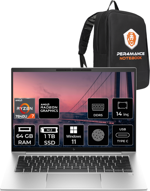Elitebook 845 G10 Ryzen 7 7840U 64Gb Ram 1Tb Ssd 14'' Wuxga W11Home 8A3T0Ea & Per4 Çanta