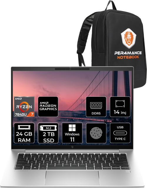 Elitebook 845 G10 Ryzen 7 7840U 24Gb Ram 2Tb Ssd 14'' Wuxga W11Pro 8A3T0Ea & Per4 Çanta
