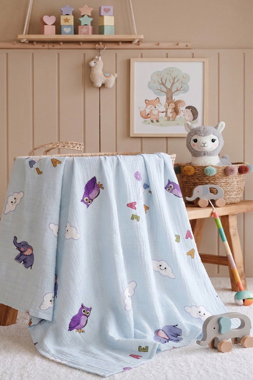 %100 Pamuk 4 Katlı Müslin Bebek Örtüsü 80x85 cm -Fil Desenli Bebek Battaniyesi