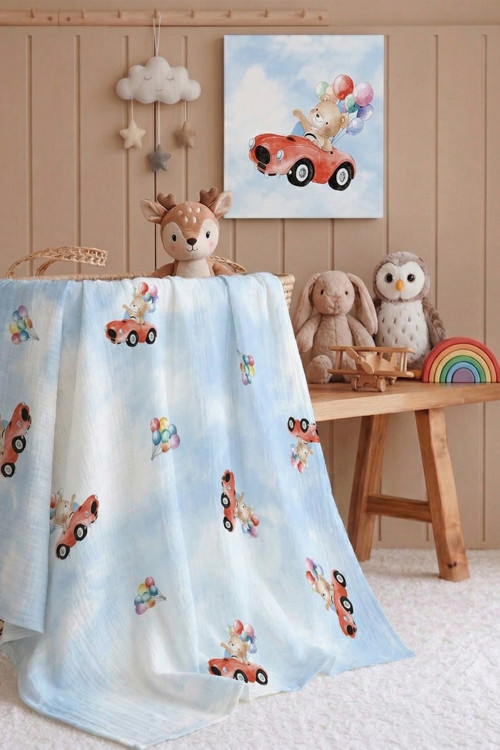 %100 Pamuk 4 Katlı Müslin Bebek Örtüsü 80x85 cm -Araba Desenli Bebek Battaniyesi