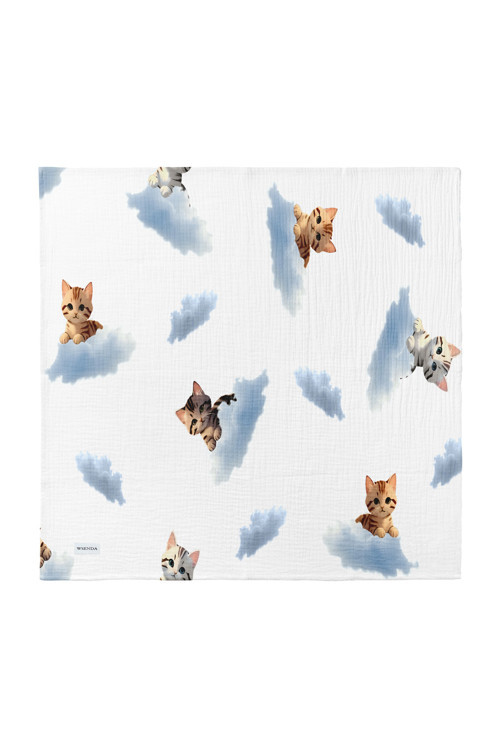 %100 Pamuk 4 Katlı Müslin Bebek Örtüsü 80x85 cm -Kedi Desenli Bebek Battaniyesi - Beyaz/Mavi