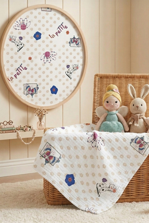 %100 Pamuk 4 Katlı Müslin Bebek Örtüsü 80x85 cm -La Petite Desenli Bebek Battaniyesi