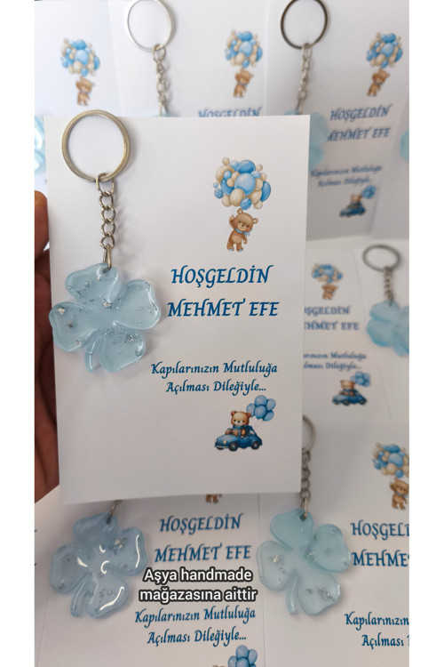 15 Adet Kartlı Epoksi Anahtarlık Yonca Doğum Günü Yeni Doğan Bebek Mevlüd Sünnet Hediyelik