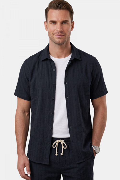 Lacivert Slim Fit Çizgi Dokulu Keten Görünümlü Kısa Kol Erkek Spor Gömlek 2602648
