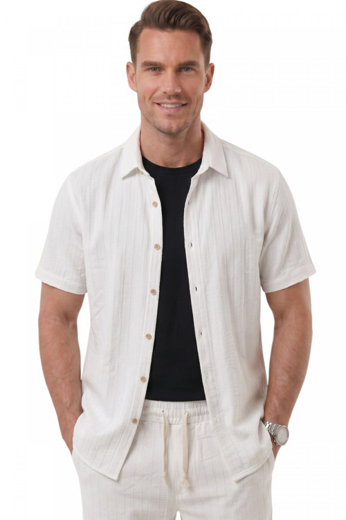 Beyaz Slim Fit Çizgi Dokulu Keten Görünümlü Kısa Kol Erkek Spor Gömlek 2602648