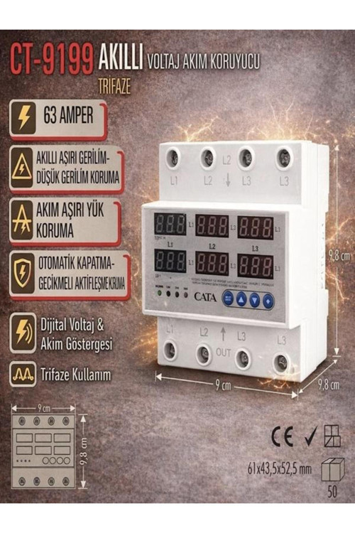 Ct-9199 Akıllı Voltaj Akım Koruyucu Trifaze 63 Amper Ray Tipi