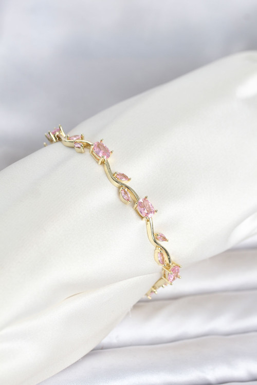Pirinç Gold Renk Pembe Zirkon Taşlı Çiçek Model Kadın Bileklik - EBJ260612W44058