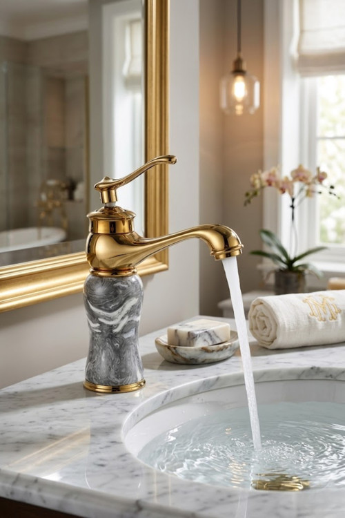 Mermer Desenli Rustik Gold Lavabo Bataryası