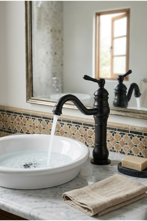 Çanak Rustik Lavabo Bataryası Siyah (Uzun)