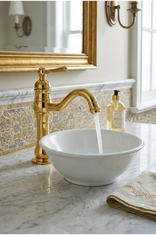 Çanak Rustik Lavabo Bataryası Gold (Uzun)