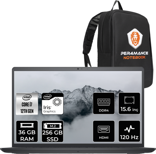 Inspiron 3520 İ7 1255U 36Gb Ram 256Gb Ssd 15.6'' Fhd Fdos I35201013U & Per4 Çanta