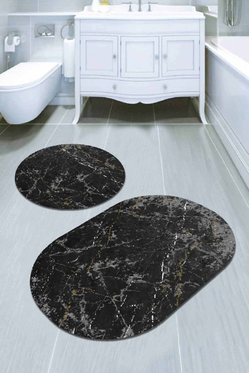 Füme Mermer Görünümlü Oval Banyo Klozet Paspas Seti BS057