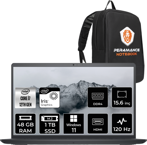 Inspiron 3520 İ7 1255U 48Gb Ram 1Tb Ssd 15.6'' Fhd W11Pro I35201013U & Per4 Çanta