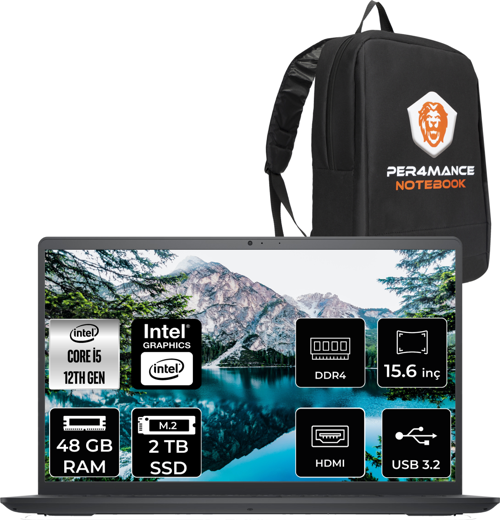 Inspiron 15 3520 İ5 1235U 48Gb Ram 2Tb Ssd 15.6'' Fhd Fdos I352024052009U & Per4 Çanta