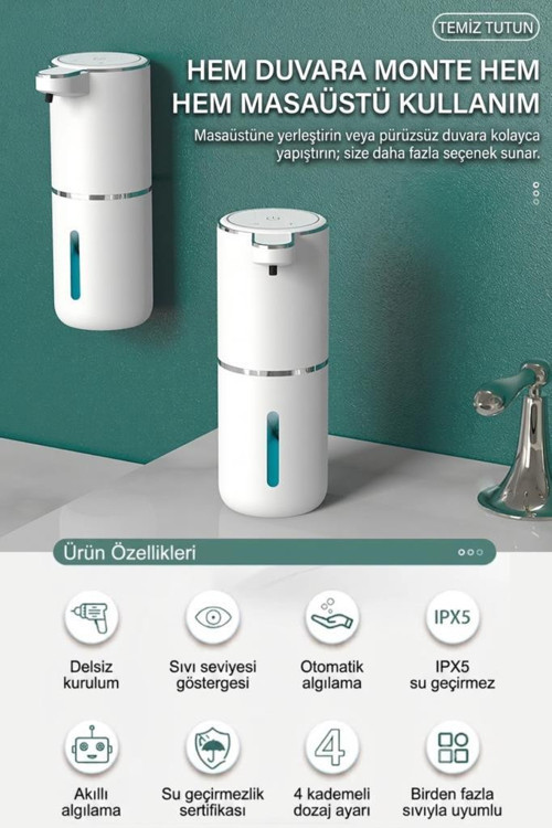 Otomatik Köpük Sıvı Sabunluk Sensörlü Köpük Sabun Makinesi 380 ml USB Type-C Şarjlı FoamSmart