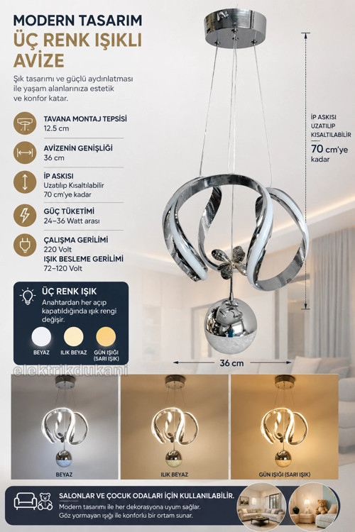 1 Toplu AHTAPOT Sarkıt Led Avize KROM Geniş Şerit Kasa Üç Renk 6500k/4000k/3000k (Beyaz /Ilık Be