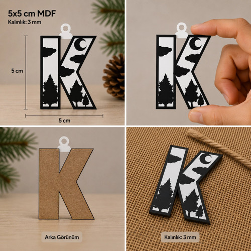 K Harf Yılbaşı Süsü – MDF Çam Ağacı Desenli Asılabilir Dekor (5x5 cm)