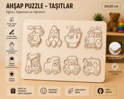Ahşap Puzzle - Taşıtlar: Eğitici ve Öğretici Okul Öncesi Zeka Oyunu (30x20 cm)