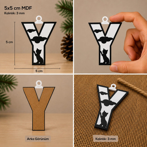 Y Harf Yılbaşı Süsü – MDF Çam Ağacı Desenli Asılabilir Dekor (5x5 cm)