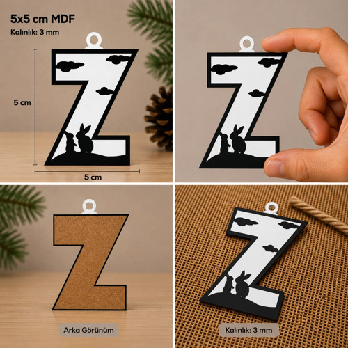 Z Harf Yılbaşı Süsü – MDF Çam Ağacı Desenli Asılabilir Dekor (5x5 cm)
