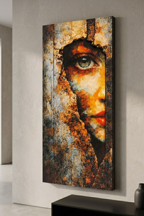 Rusta - Eskitme Dokulu Kadın Figürlü 3 Katmanlı Ahşap Duvar Tablosu 33X68 Cm