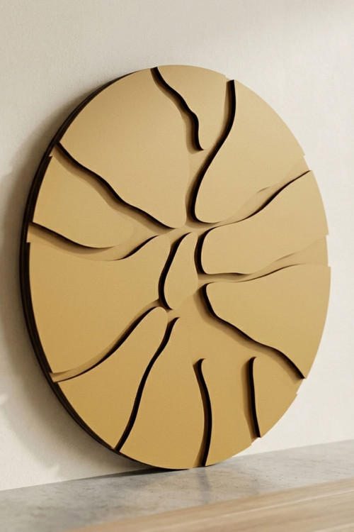 Core Gold - Minimalist Soyut Dairesel 3 Katmanlı Ahşap Duvar Tablosu 50X50 Cm