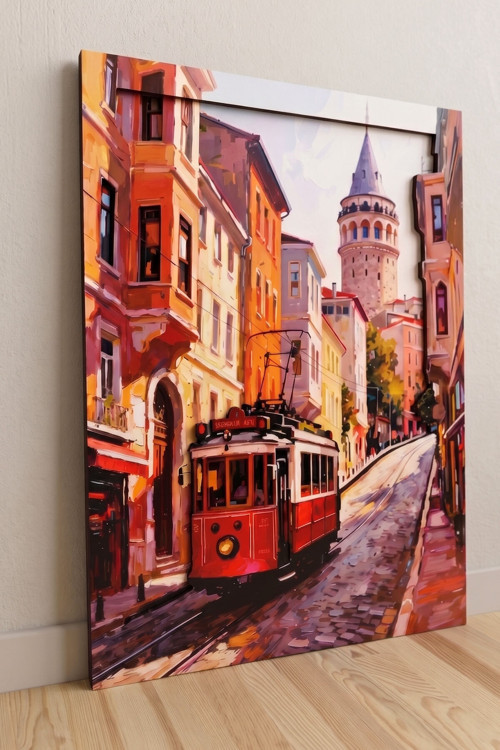 İstanbul - Galata Ve Tramvay Temalı 3 Katmanlı Ahşap Duvar Tablosu 50X68 Cm