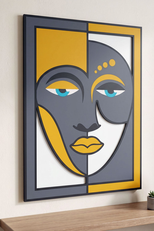 Valoris - Modern Soyut Etnik Portre 3 Katmanlı Ahşap Duvar Tablosu 50X68 Cm