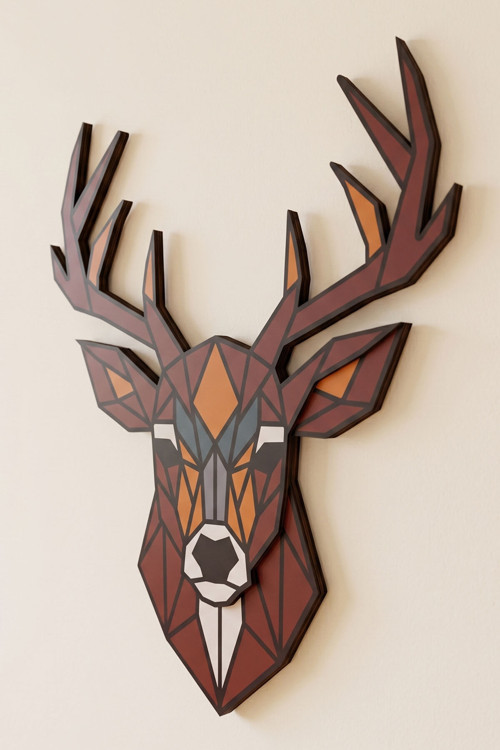 Moose - Geometrik Geyik Figürlü 3 Katmanlı Ahşap Duvar Tablosu 57X68 Cm