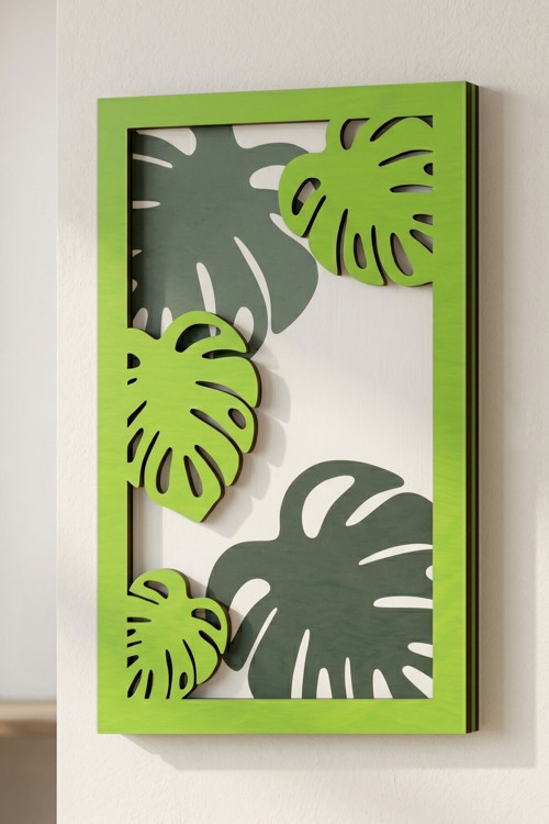 Verde - Tropikal Deve Tabanı (Monstera) Yaprak Temalı 3 Katmanlı Ahşap Duvar Tablosu 40X68 Cm