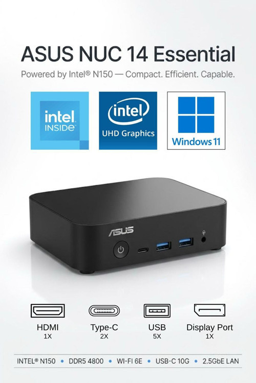 NUC 14 Essential Barebone Intel N150 16GB DDR5 512GB SSD W11PRO MINI BİLGİSAYAR NUC14MNK150 A22