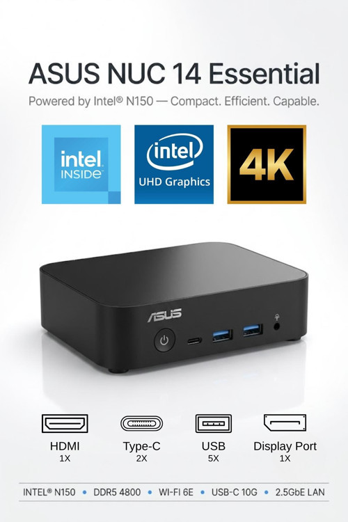 NUC 14 Essential Barebone Intel N150 8GB DDR5 RAM 512GB SSD FDOS MINI BİLGİSAYAR NUC14MNK150 A6