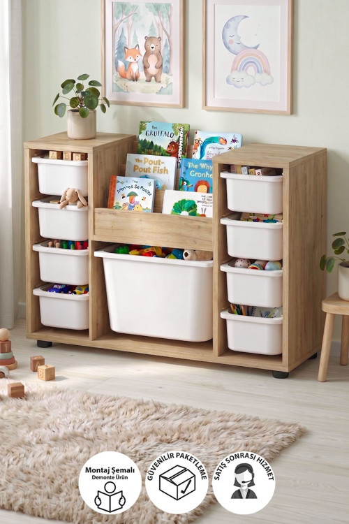 9 Sepetli Dolap Oyuncak Dolabı Çok Amaçlı Dolap Montessori Kitaplıklı Aden Safir Meşe