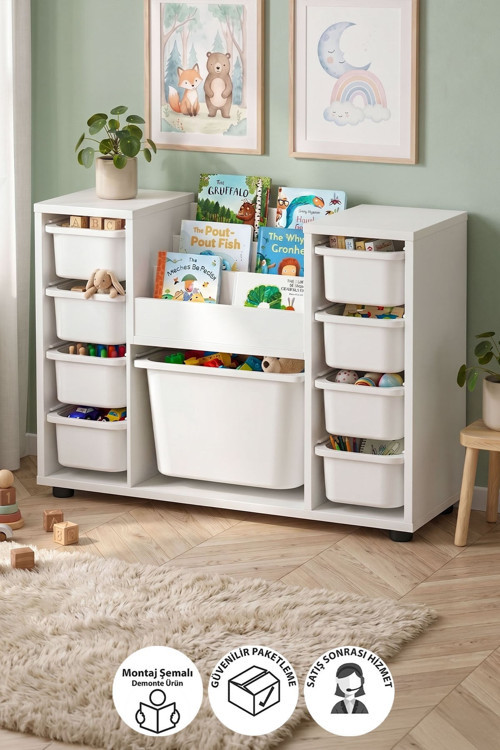 9 Sepetli Dolap Oyuncak Dolabı Çok Amaçlı Dolap Montessori Kitaplıklı Aden Beyaz