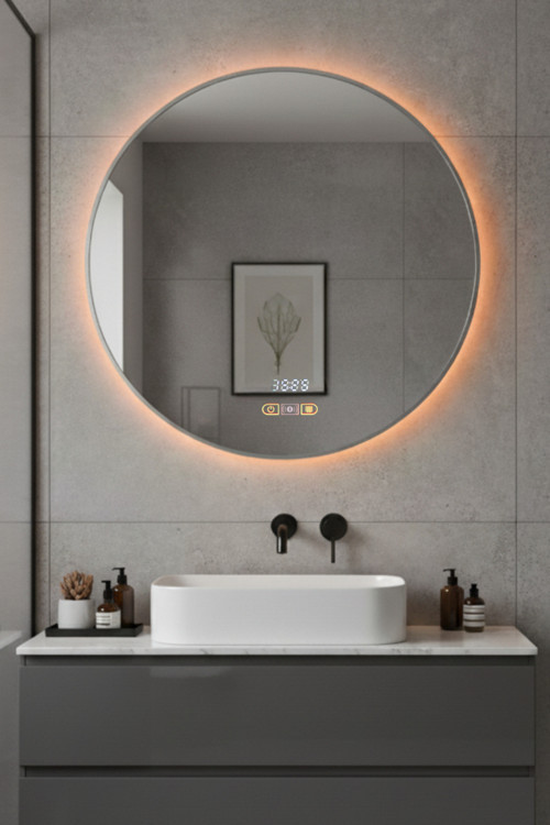 Hd Akıllı Hareket Sensörlü Buhar Tutmaz 3 Renk Ledli Işık Gümüş Çerçeveli Banyo Lavabo Makyaj Aynası 80 Cm