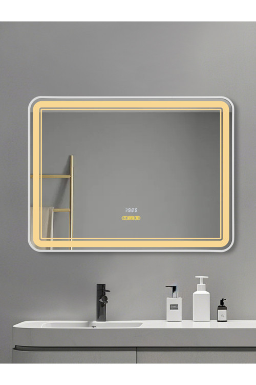 Hd Akıllı Hareket Sensörlü Buhar Tutmaz 3 Renk Ledli Beyaz Çerçeveli Hd Banyo Duvar Aynası 80X60 Cm
