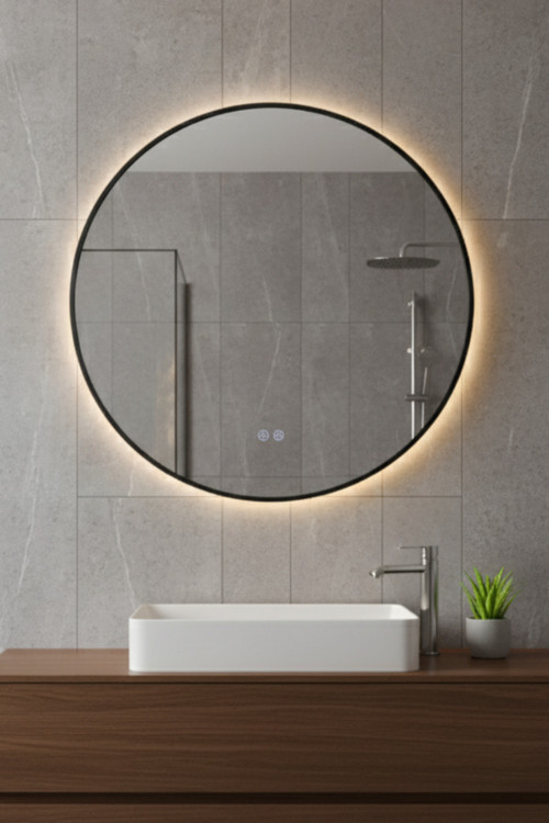 Hd Akıllı Ayna Buhar Tutmayan 3 Renk Led Işıklı Siyah Çerçeveli Banyo Lavabo Makyaj Aynası 75 Cm