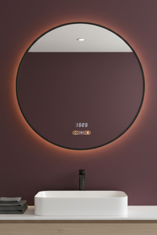 Akıllı Hareket Sensörlü Buhar Tutmayan 3 Renk Led Işıklı Siyah Çerçeveli Banyo Makyaj Duvar Lavabo Aynası 90 Cm
