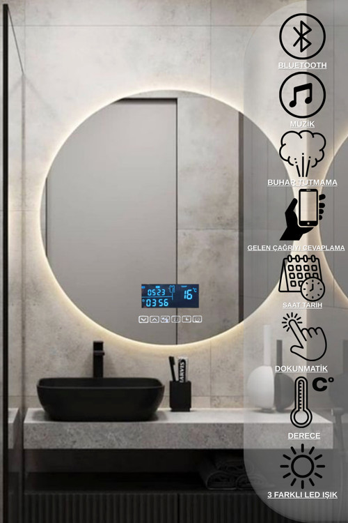 Hd Akıllı Ayna Bluetoothlu Buhar Tutmaz 3 Renk Ledli Hd Ofis Duvar Lavabo Banyo Aynası 70 Cm