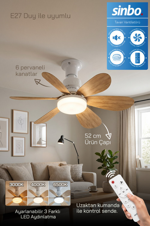 SF-7708 3 LED Aydınlatmalı Sessiz Tavan Vantilatörü Kumandalı 6 Kanatlı
