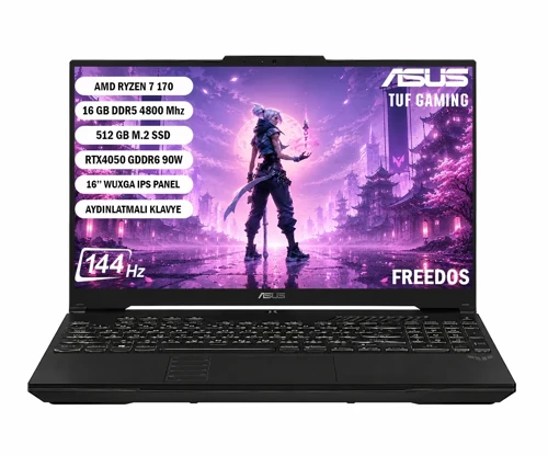 TUF Gaming A16 FA607NUQ-RL014 AMD Ryzen 7 170 16GB 512GB SSD RTX4050-6GB Freedos 16" WUXGA 144Hz Taşınabilir Bilgis
