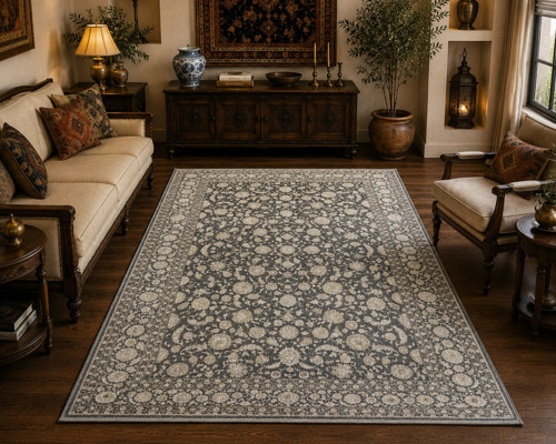 Elegant 006 Antrasit Vizon Doğal Elyaf Yansımalı Klasik Desenli Salon Halısı