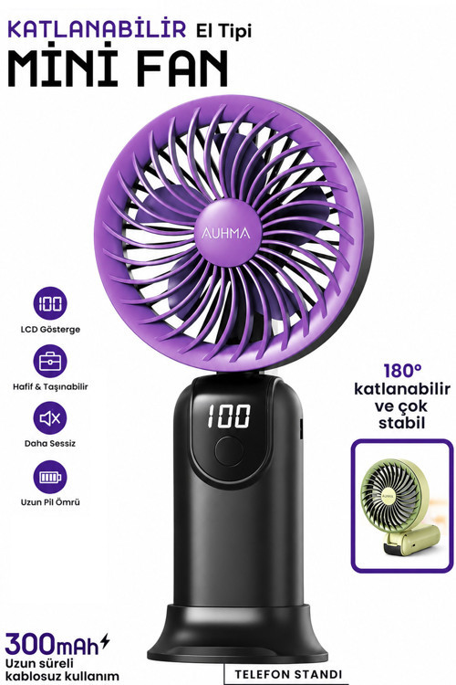 Şarjlı El Fanı 5 kademeli Telefon Standlı Mini Vantilatör 300mAh 180° Katlanabilir El Tipi Fan