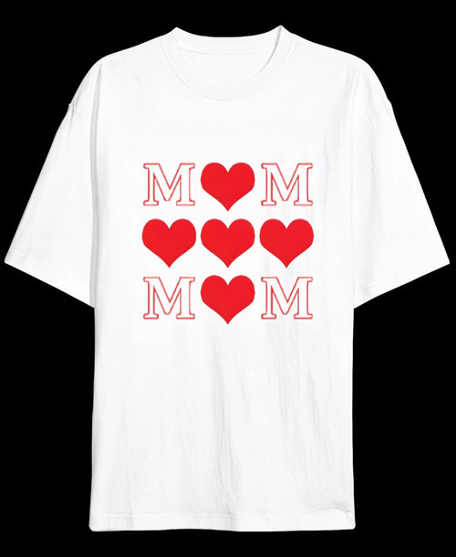 Sevgi Anneler Günü Hediye MOM Kalp Baskılı Oversize Bisiklet Yaka T-shirt - Beyaz