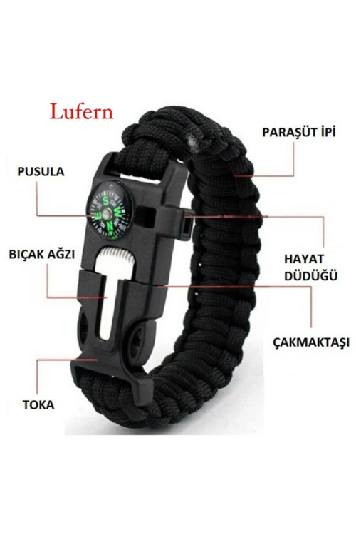 Aveo 1 Adet Çok Amaçlı Hayatta Kalma Bilekliği Survival Pusulalı Kamp Düdük Outdoor Kit Askeri