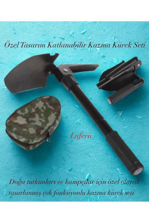 Özel Tasarım Kazma Kürek Seti Portatif Çantalı Doğa Kamp Testere Şişe Açacağı Pusula Katlanabilir