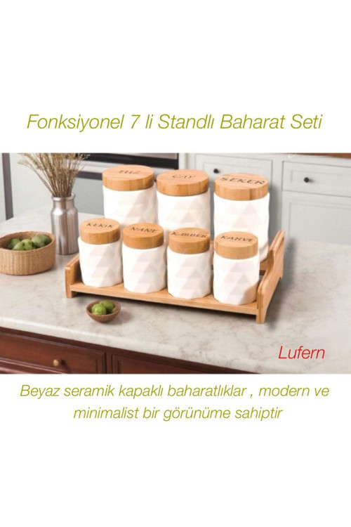 Fonksiyonel 7'li Standlı Baharat Seti Mutfak Düzen Modern Beyaz Seramik Zarif Tuz Şeker Çay Kahve
